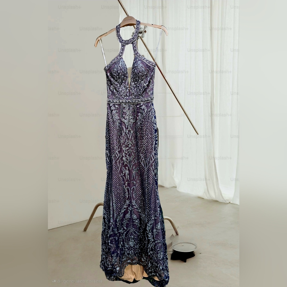 Gray Sequin Backless Halter Gown for Prom